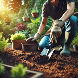 Un jardinero mejorando la calidad del suelo, mezclando compost con una pala en un jardín natural. Cuida tu suelo