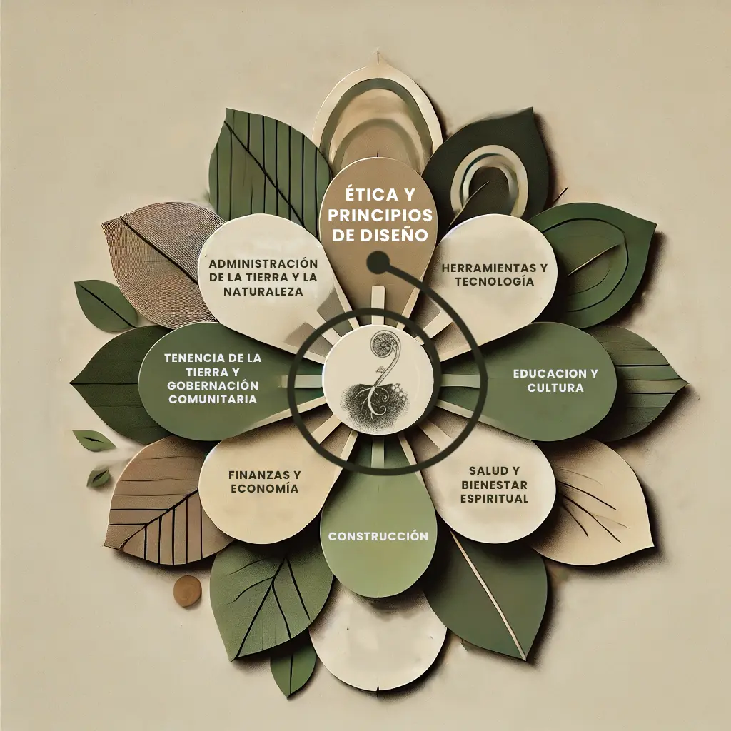 ¿Qué es la permacultura?
En este diagrama estilizado en forma de flor con pétalos superpuestos, cada uno representando un tema en español: "Administración de la Tierra y de la Naturaleza," "Construcción," "Herramientas y Tecnología," "Tenencia de la Tierra y Gobernación Comunitaria," "Finanzas y Economía," "Salud y Bienestar Espiritual," y "Educación y Cultura." En el centro, un círculo contiene el texto "La Ética y los Principios de Diseño." La imagen utiliza una paleta de colores naturales con tonos verde oliva, beige, gris cálido y verde bosque. El fondo es beige con texturas orgánicas, y el diseño incluye detalles sutiles de hojas y líneas que evocan un tema natural.